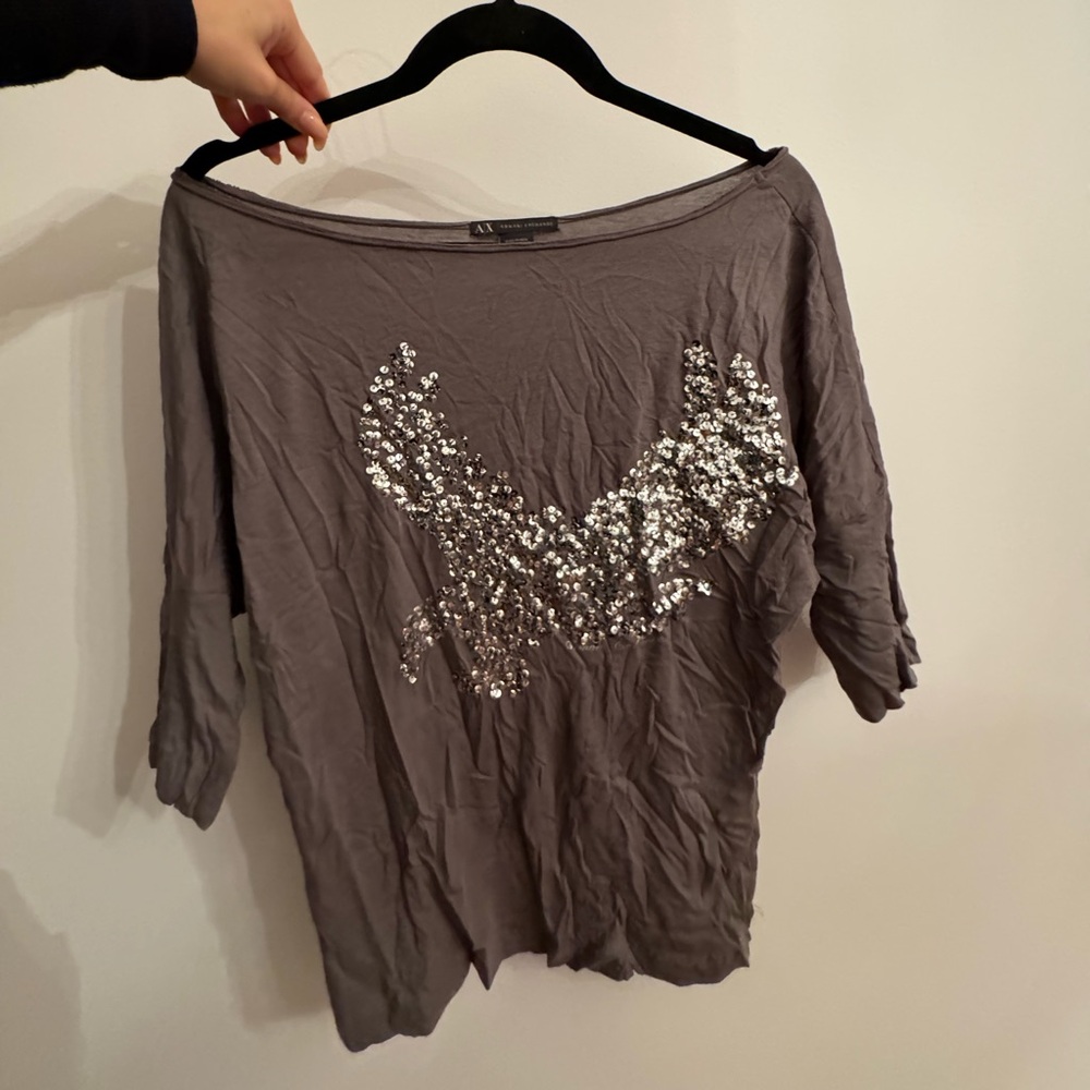 Armani Exchange Gray Sequin Long Sleeve Top